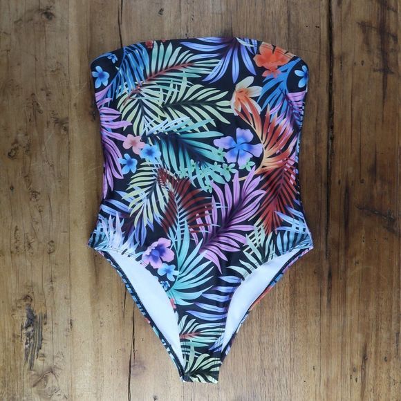 SHEIN TROPICAL FLORAL BANDEAU ONE PIECE CHEEKY SWIMSUIT SIZE MEDIUM - Picture 1 of 5